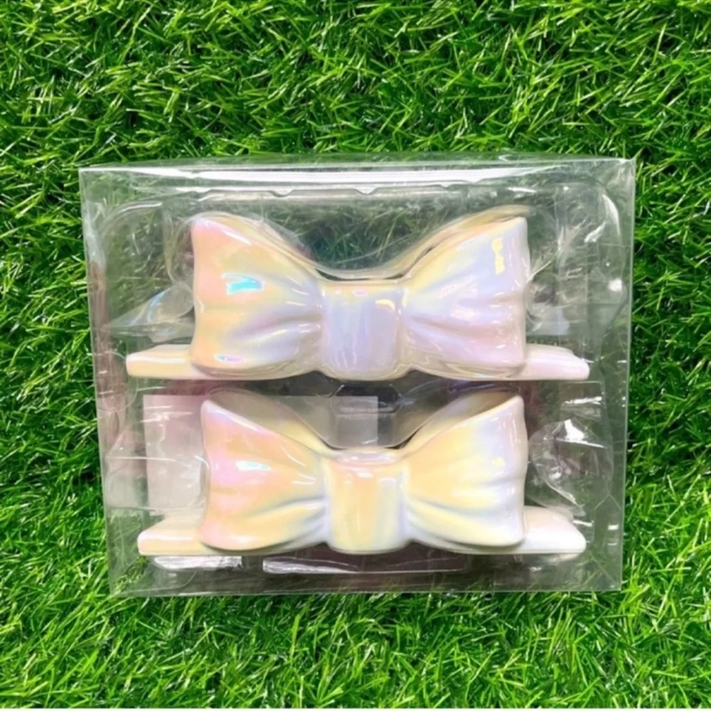 New! Set of 2 Bow Candle Taper Holders, Ceramic White Iridescent
